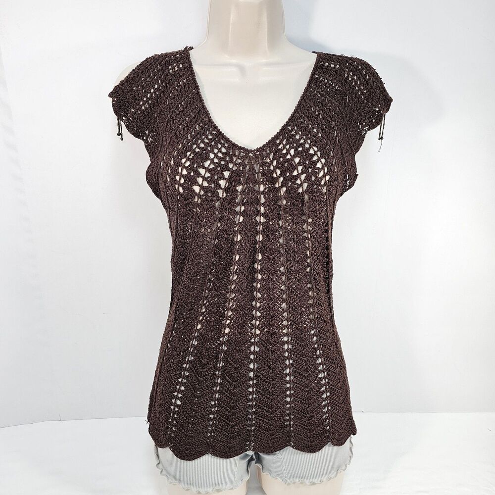 Y2K The Limited Brown Silk Crochet Open Knit Top Whimsigoth Boho Festival Size S